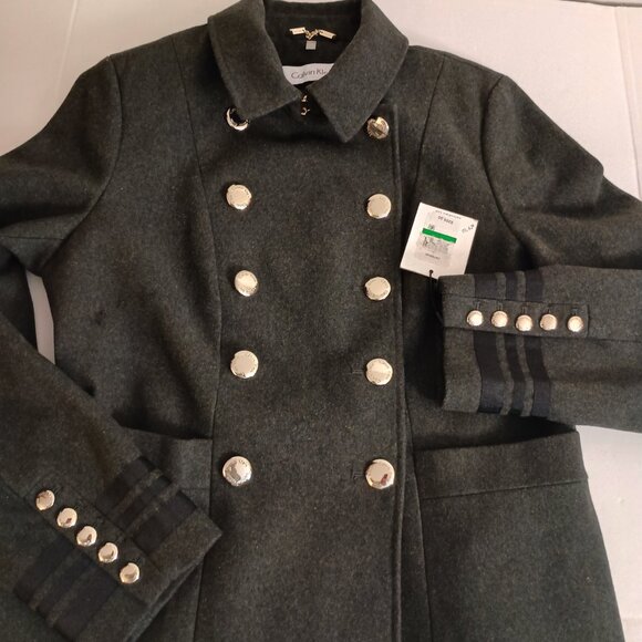 Calvin Klein Military Wool Blend Double Breasted Jacket Green Women's L NWT Flaw - Picture 14 of 14